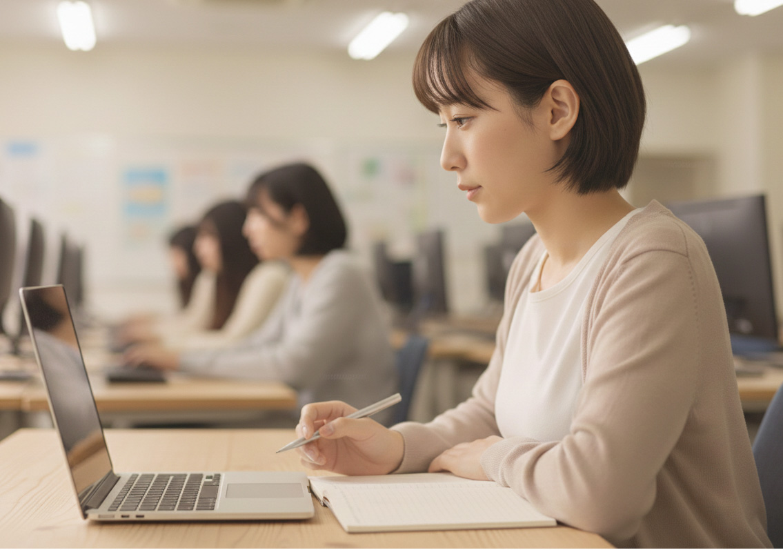 机に座ってパソコンの勉強をしている女性